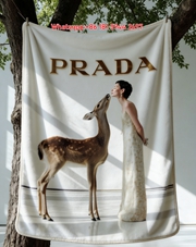 Prada Cream White Brown Deer Print Flannel Throw Blanket Luxury Designer Sofa Cover Blanket IMG_2848
